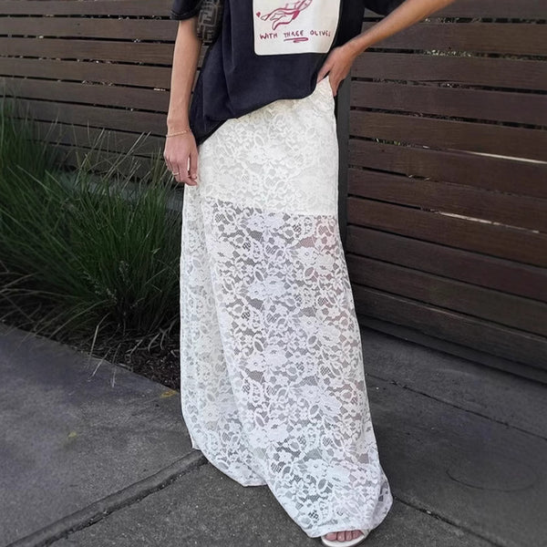 2025 spring French temperament white lace skirt women's fashion a word high waist long skirt  fart curtain women's clothing