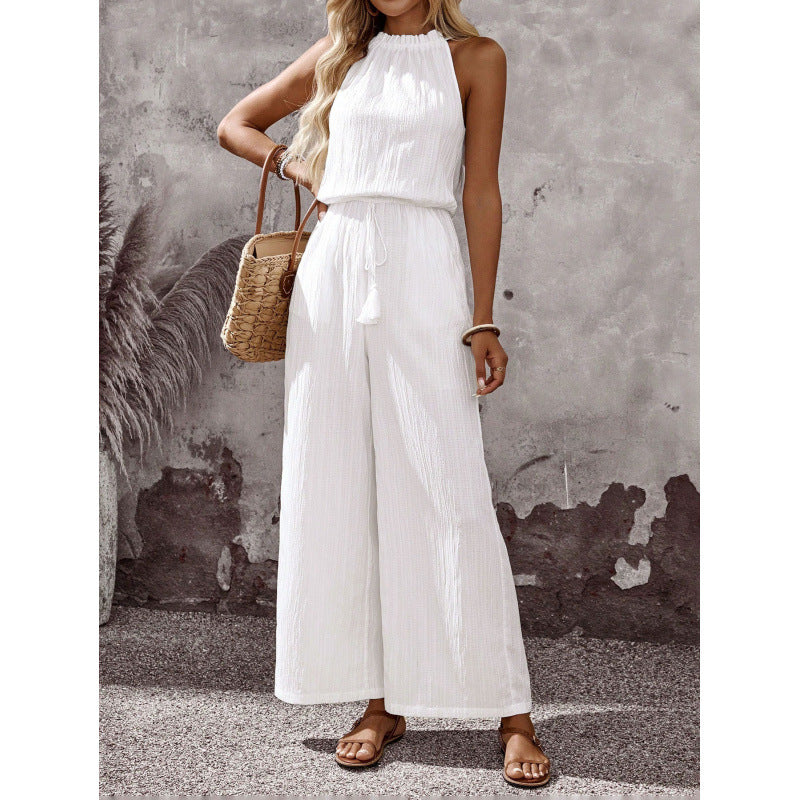 Women's halter backless drawstring sleeveless jumpsuit, perfect for vacation and casual summer fashion