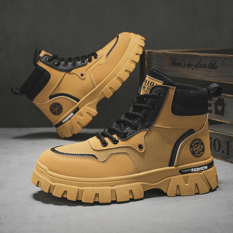 Men's martin boots: breathable, high-top, british-inspired retro work boots for autumn. ideal for outdoor hiking, desert exploration, and tactical operations. also known as "big yellow boots."
