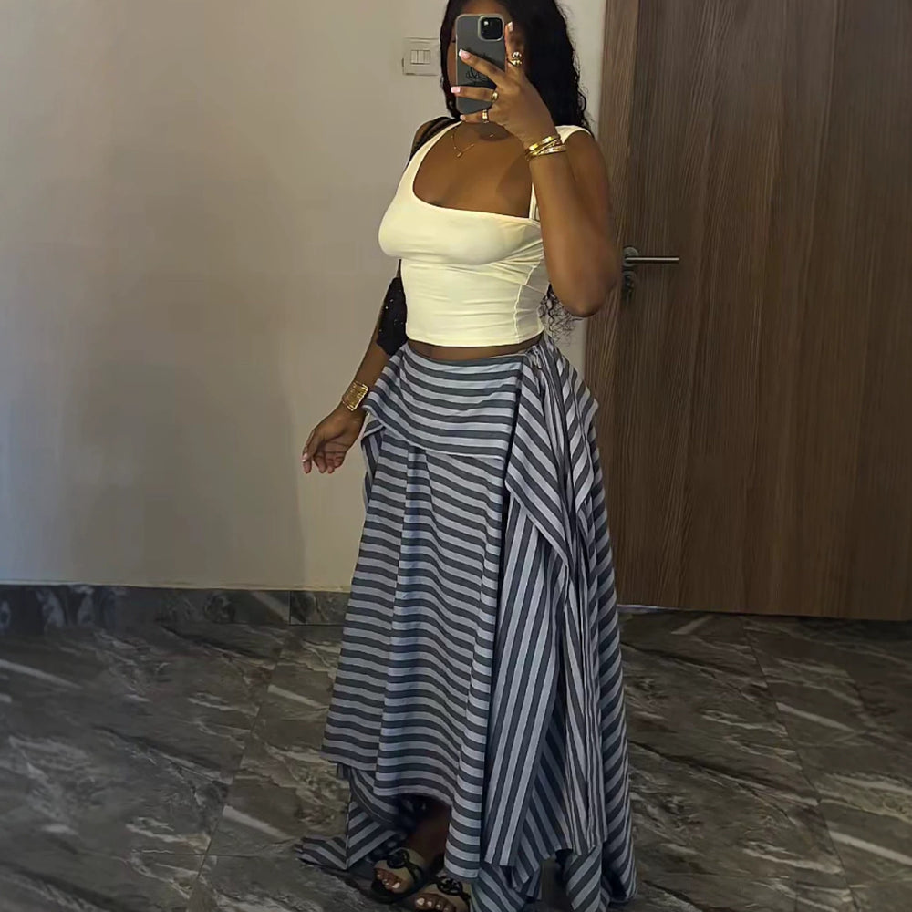 European and american cross-border women's clothing:  summer new arrival - high-waisted, slimming, asymmetrical, loose, flowy, long striped midi skirt