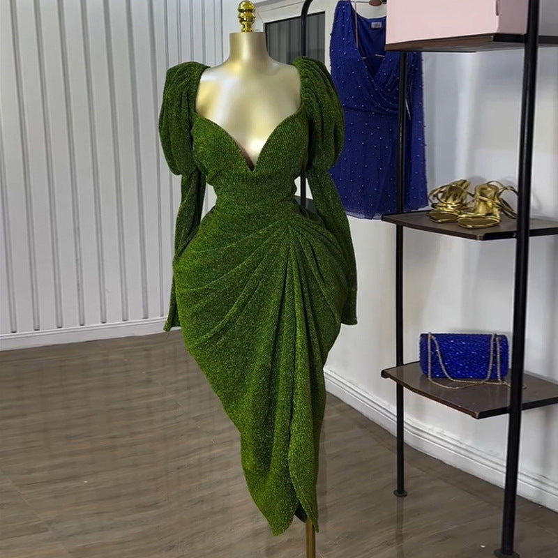European and american cross-border women's fashion:  summer new arrivals - sexy and elegant v-neck lantern sleeve evening gown bodycon dress