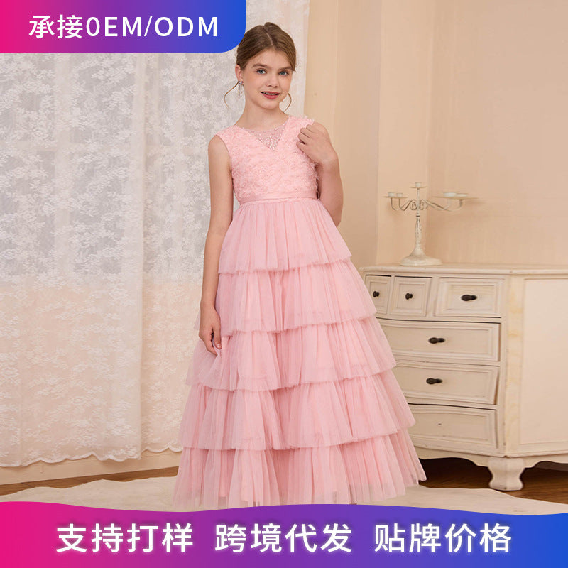 Custom girls' formal dresses, tiered cake dresses, long vest dresses, cross-border e-commerce, big & tall girls' dresses, french princess dresses