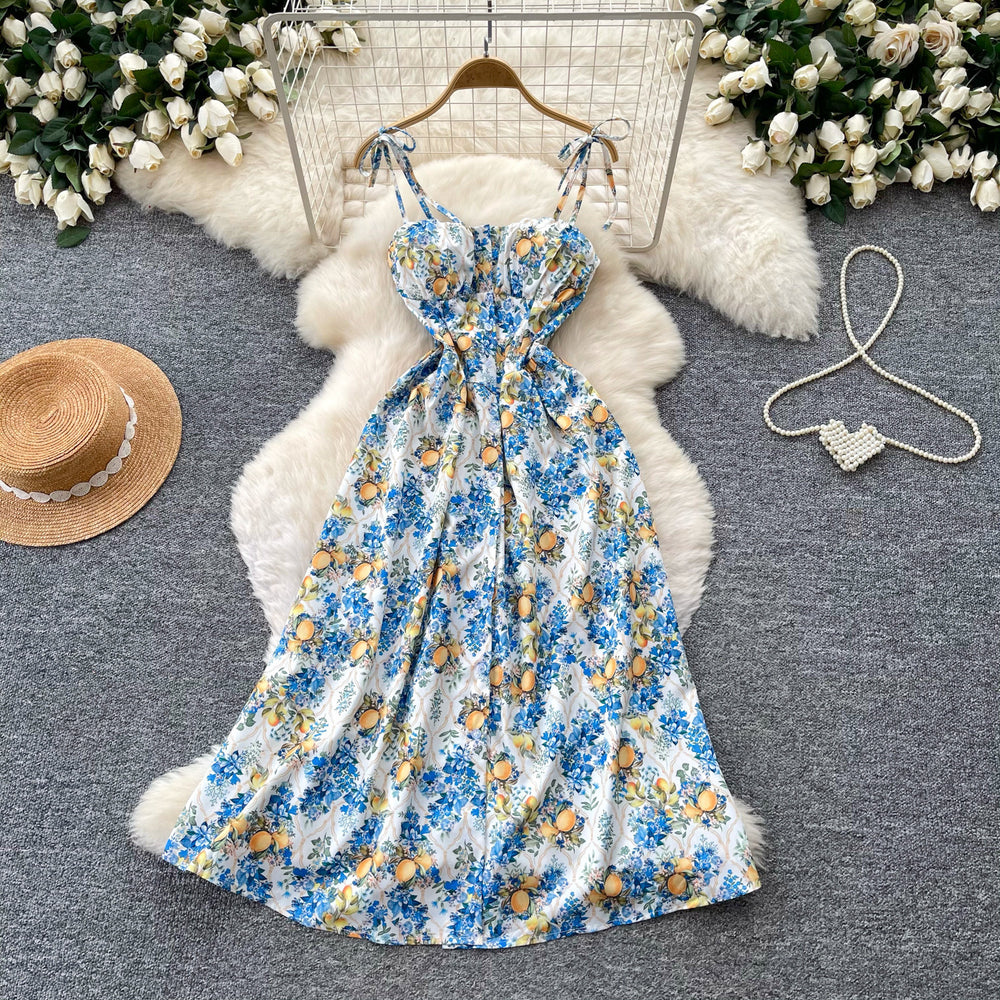 French-inspired floral print camisole dress for women, perfect for summer. korean style, sleeveless, high-waisted a-line silhouette, slimming and elegant maxi dress