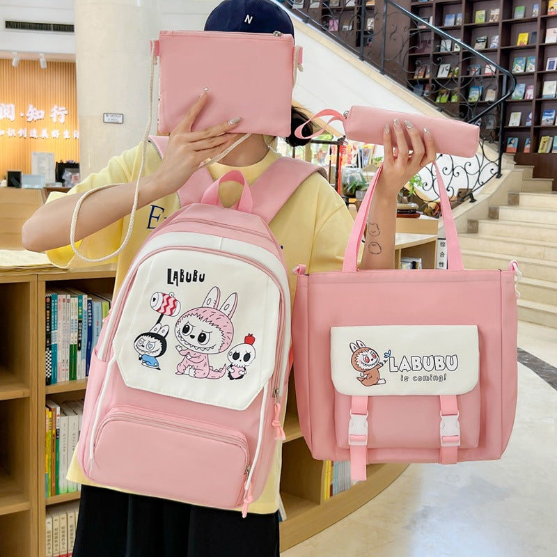 Large-capacity schoolbag four-piece backpack, primary and secondary school student schoolbag, Japanese cute high-value girl backpack