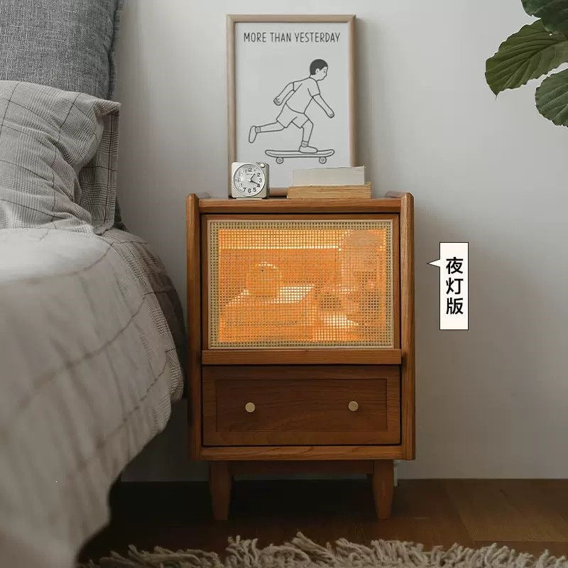 Japanese solid wood bedside table rattan bedroom wabi-sabi storage cabinet casual night light drawer medieval storage sofa side cabinet