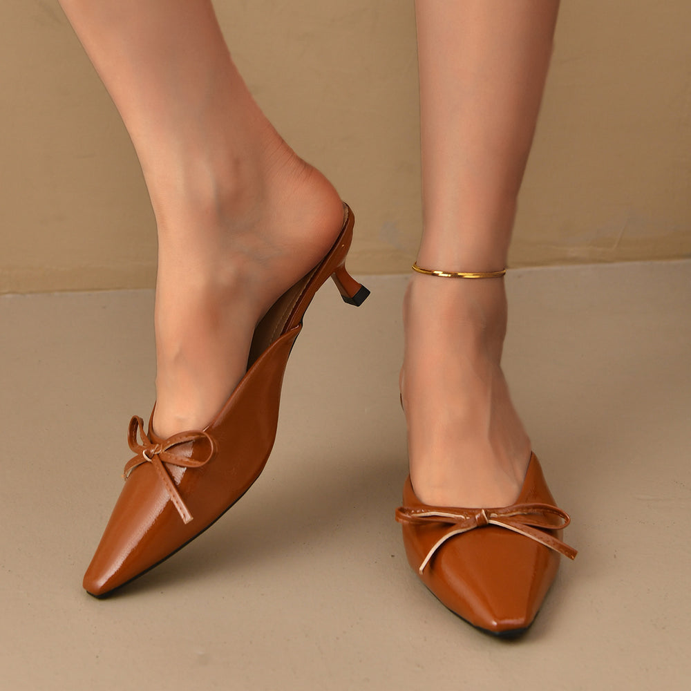 Amazon 2025 new bow-tie stiletto heel slippers - plus size, wine red, outdoor wear, retro pointed-toe mules