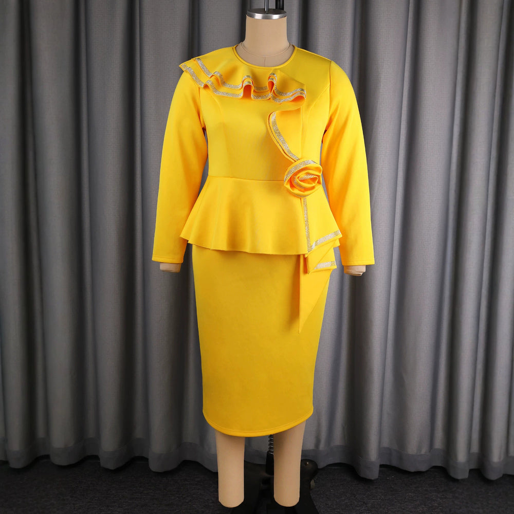 Autumlong sleevespatchworkpure color one-step skirt stereo flower rufflesilm hip-hugging work clothingdress dress
