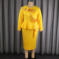 Autumlong sleevespatchworkpure color one-step skirt stereo flower rufflesilm hip-hugging work clothingdress dress