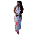 Fashion style cross-border women's clothing waist elegantcasual trendy hip skirt swing collar longprintingbackless pleated dress