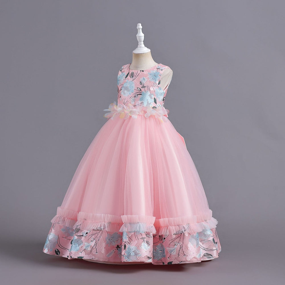 Ready-to-ship wholesale children's formal dresses, featuring a petal waistband and princess silhouette, perfect for little girls' birthdays, piano recitals, and performances