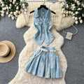 Korean style commute v-neck sleeveless denim vest two-piece set - women's summer slimming belted outfit