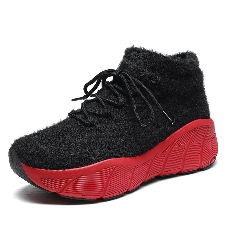 2025 autumn and winter new women's thick line versatile thick sole heightening comfortable stacking fleece casual shoes warm single shoes