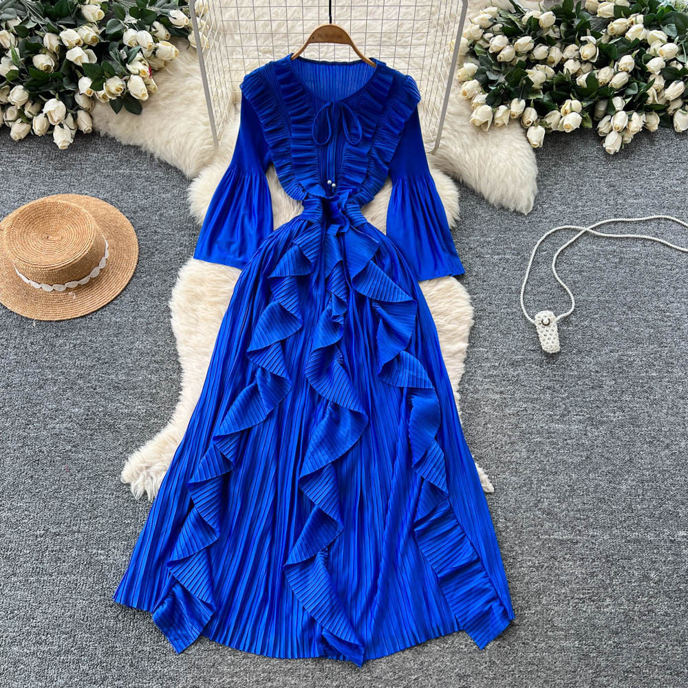 Korean style ruffle trim pleated bow dress - women's long sleeve tie-waist design a-line dress - rose red