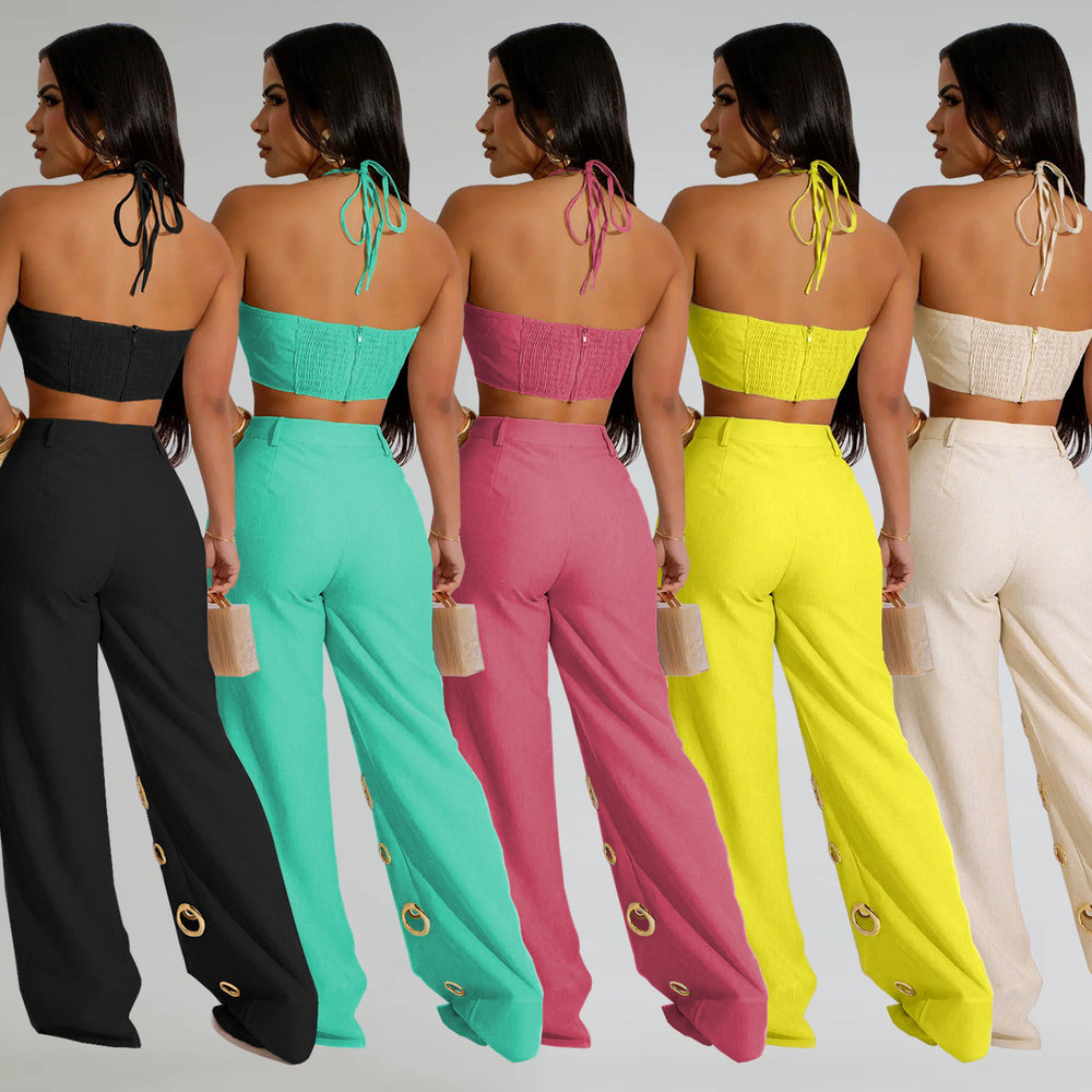 C7313 cross-border   fashion women's sexy eyelet metal buckle pants two-piece set new