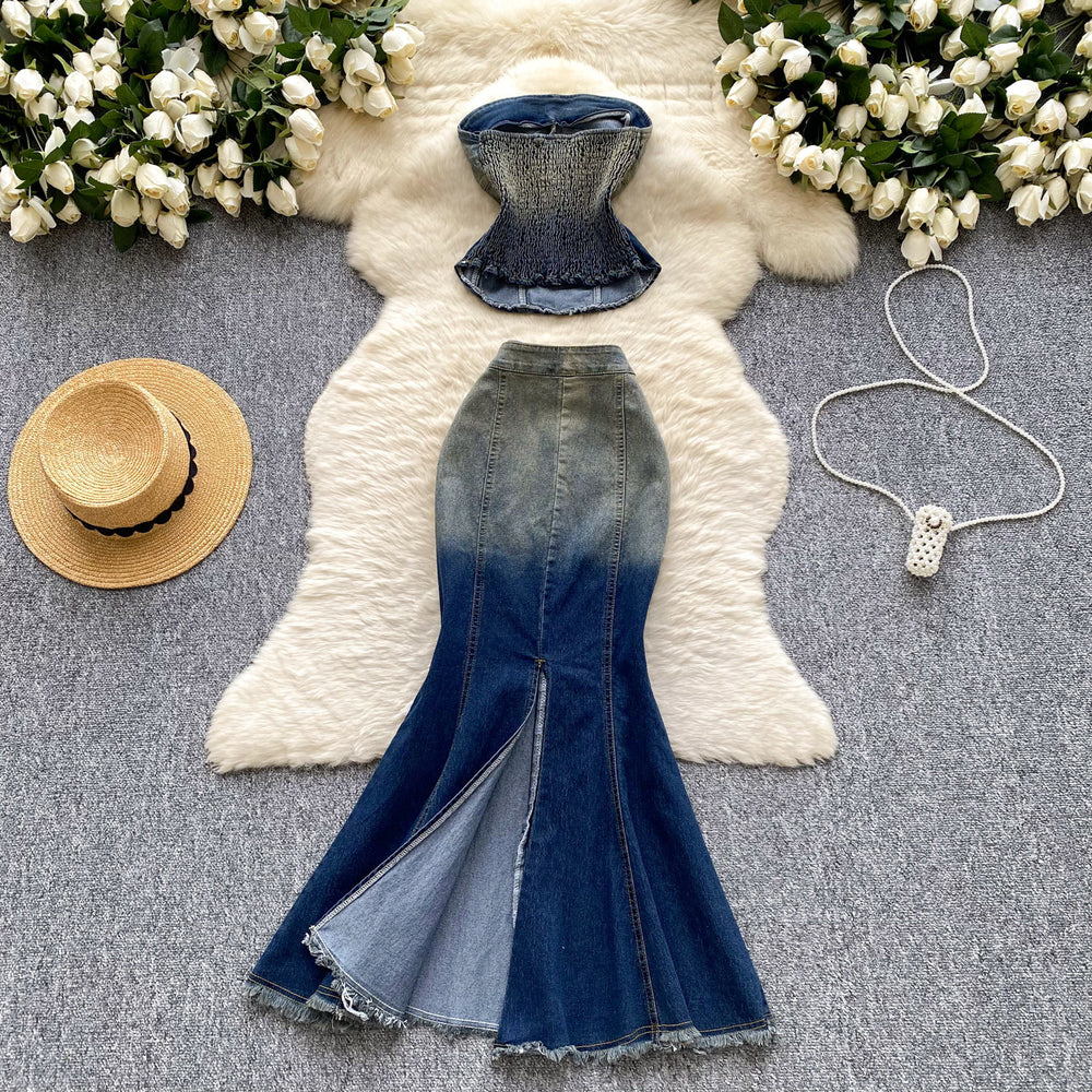 American retro hot girl outfit: women's summer pure & sultry sleeveless denim bandeau top with high-waisted fishtail midi skirt