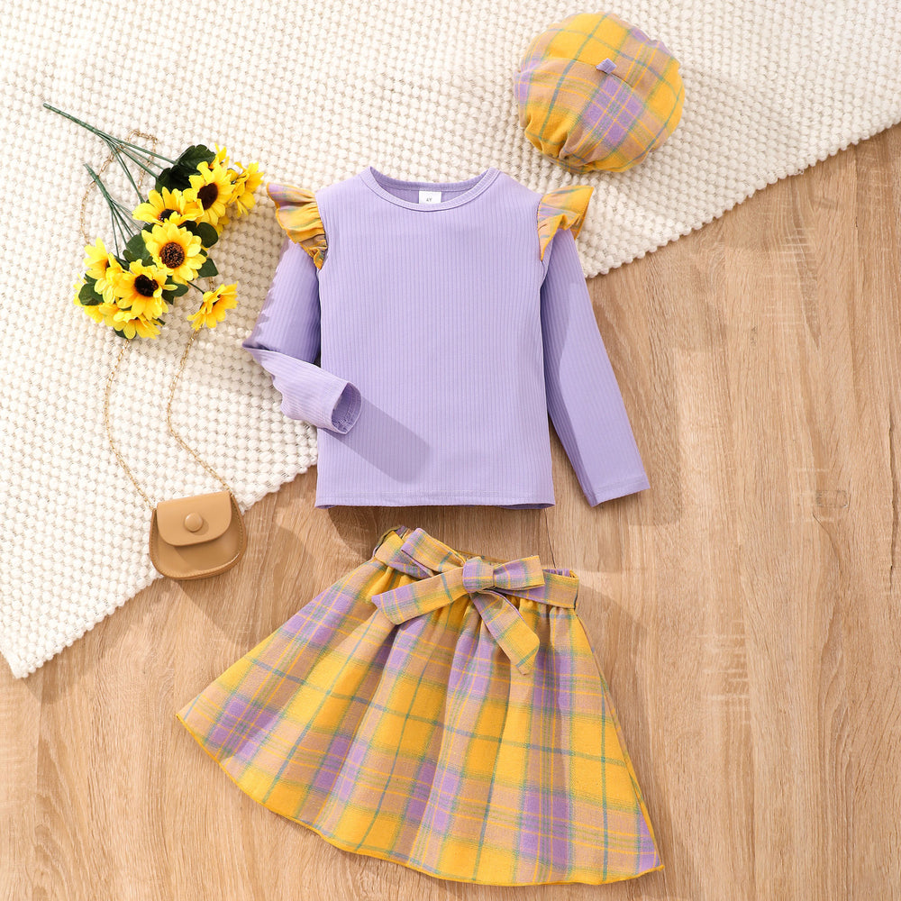 Kids' long-sleeve ruffle-trimmed plaid skirt set - clearance sale
