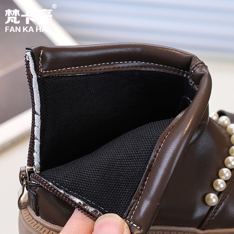 Vancahao girls' bowknot pearl princess boots - new autumn  korean style fashion ankle boots for girls and big kids
