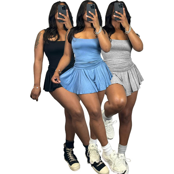 HR24033 European and American women's clothing, sexy and cute, tight suspenders, pleated flared skirt set (with safety pants)