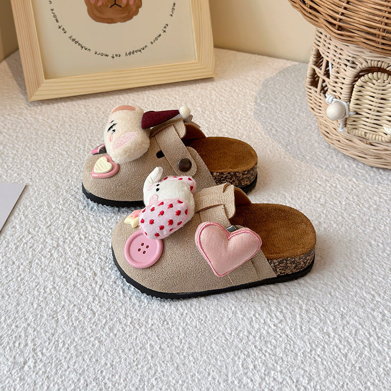Cute kids birkenstock-style slippers 2025 - outdoor wear, minimalist closed-toe half slippers, spring/autumn girls' adorable cartoon cotton slippers
