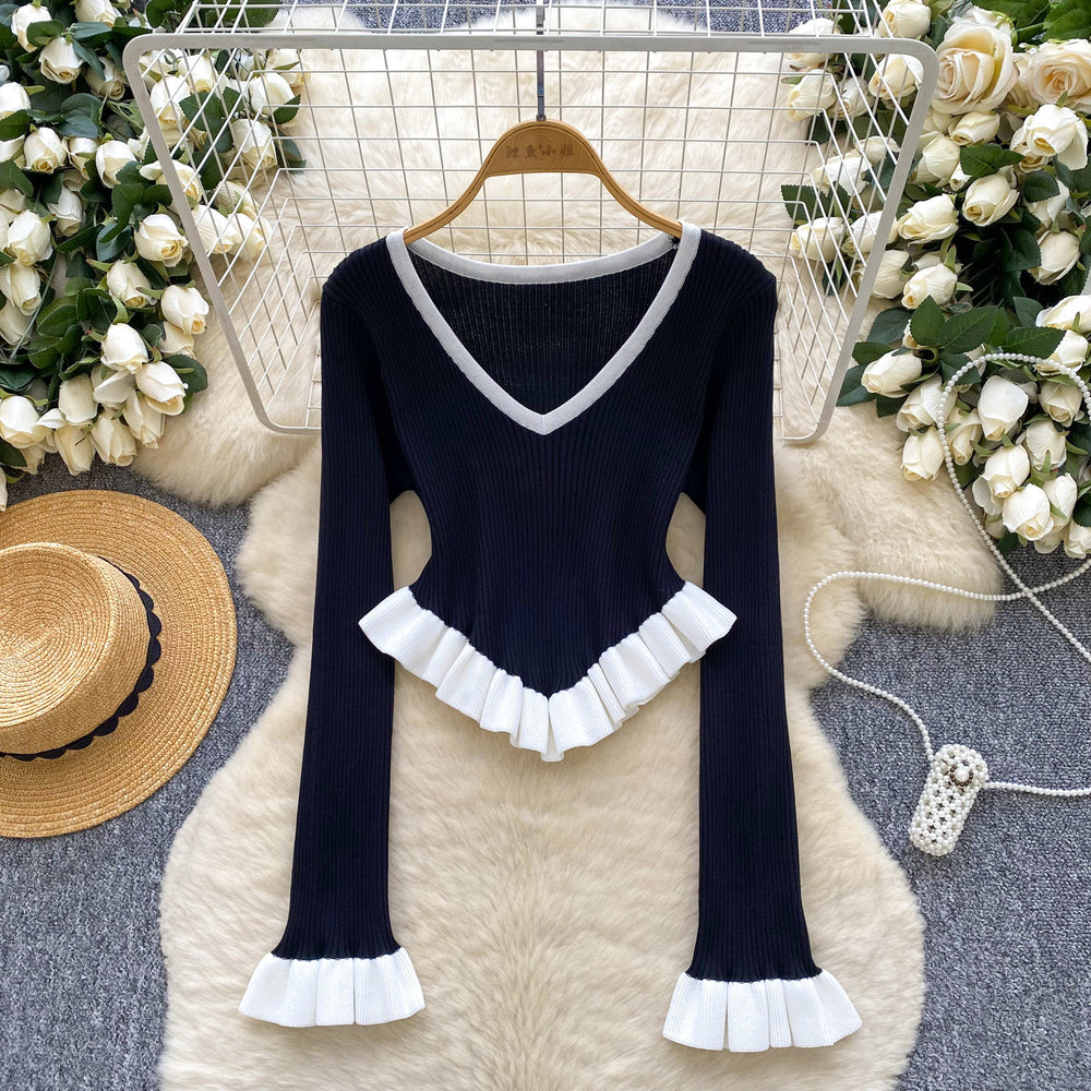 European and american style color block striped knit top - autumn ruffle hem flare sleeve slim fit outerwear base layer