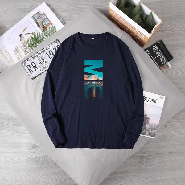 US size round neck loose and fattened plus size cotton T-shirt men's large size round neck long-sleeved jumper
