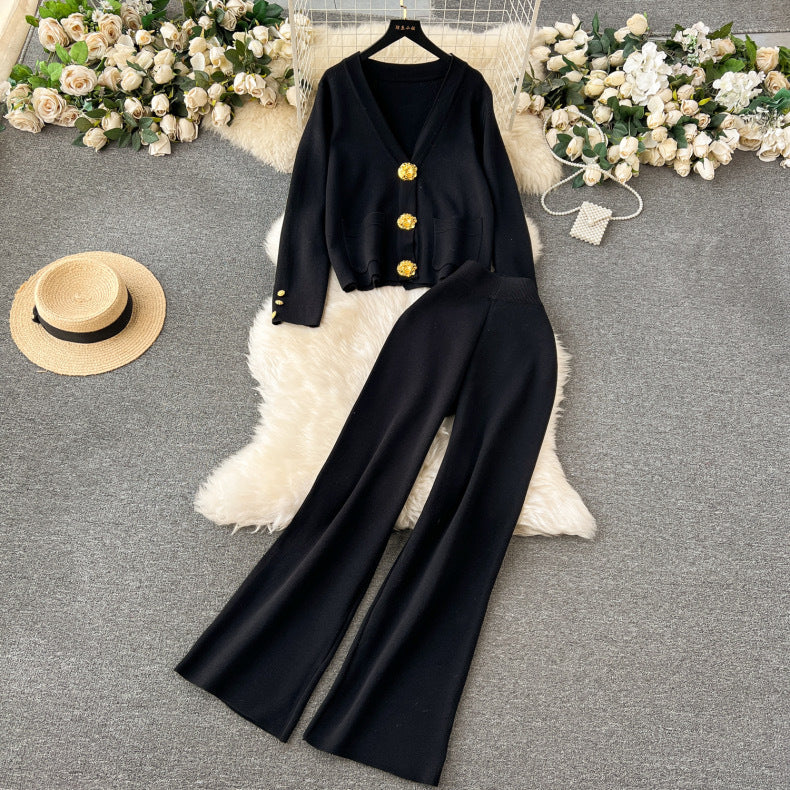 Premium chanel-inspired two-piece set for women: versatile knitted cardigan with metal button detail and casual pants - perfect for autumn and winter