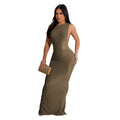 C6791 cross-border   fashion women's solid color round neck sleeveless slit maxi dress