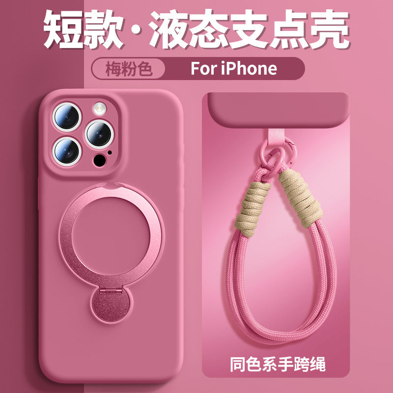 Rotating magnetic lanyard stand compatible with apple iphone 17 pure color liquid silicone case, iphone 15 pro max full coverage