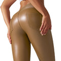 Clearance european and american  flap pocket pants pu leather pants tummy control tight body shaping high waist yoga pants plastic butt lifting nine-point pants