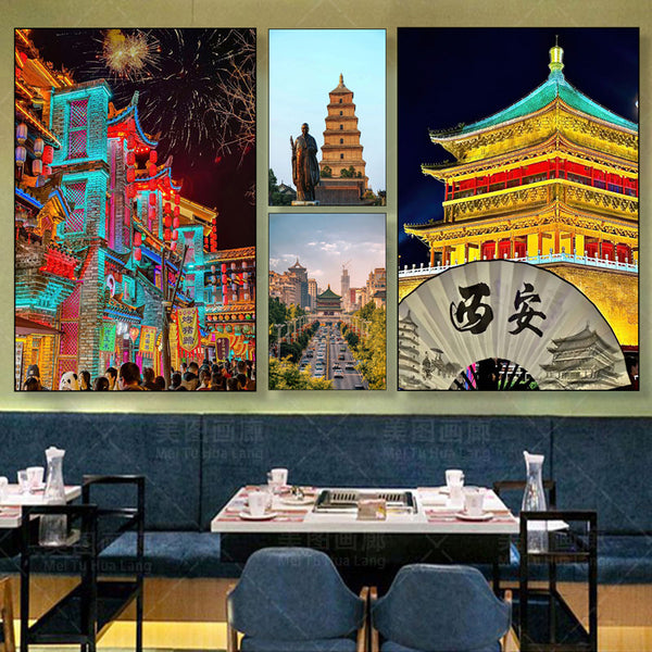 Xi'an Hanging Paintings Shaanxi Noodle House Restaurant Hotel Chang'an Ancient City Decorative Painting City Scenic Architecture Big Wild Goose Pagoda Murals