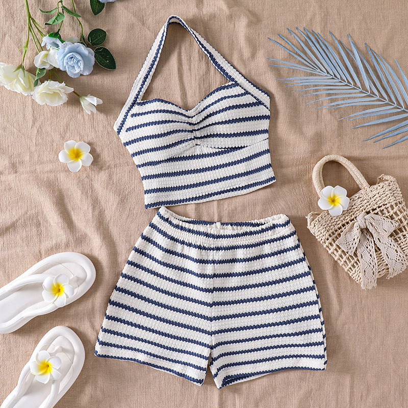 hot-selling girls' outfit,  spring/summer european and american new style, fashionable striped halterneck tube top and high-waisted shorts set