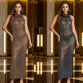 C7077 cross-border   independent station fashionable women's hot diamond v neck sleeveless dress length