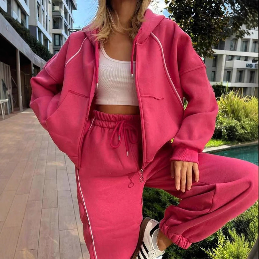 Europe, America,    autumn and winter women's clothing new casual fashion sports striped cardigan hooded pants