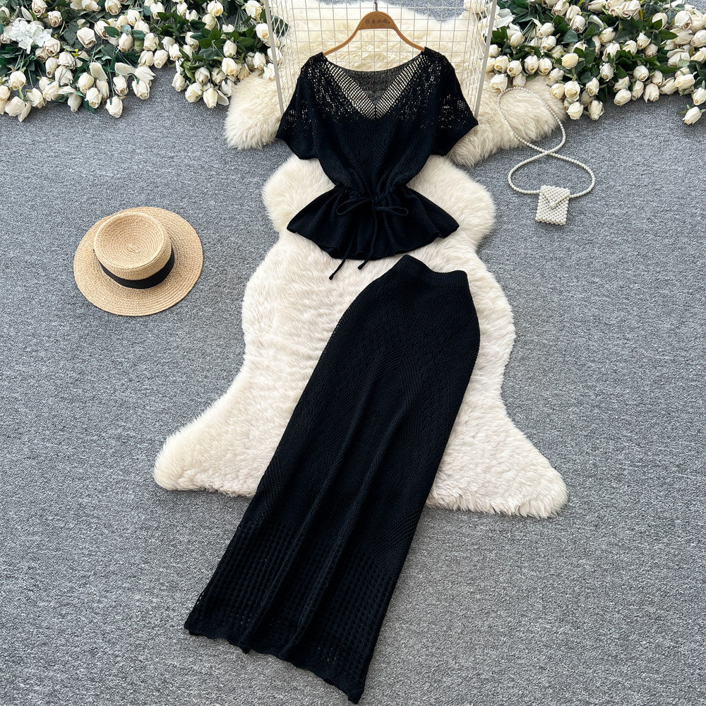 Korean style commute-inspired hollow knit minimalist two-piece set for women - summer v-neck, waist-defining, slimming outfit