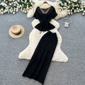 Korean style commute-inspired hollow knit minimalist two-piece set for women - summer v-neck, waist-defining, slimming outfit