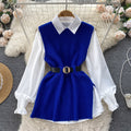 Luxury chic women's set: relaxed fit long sleeve white blouse top + slit knit vest two-piece fashion outfit