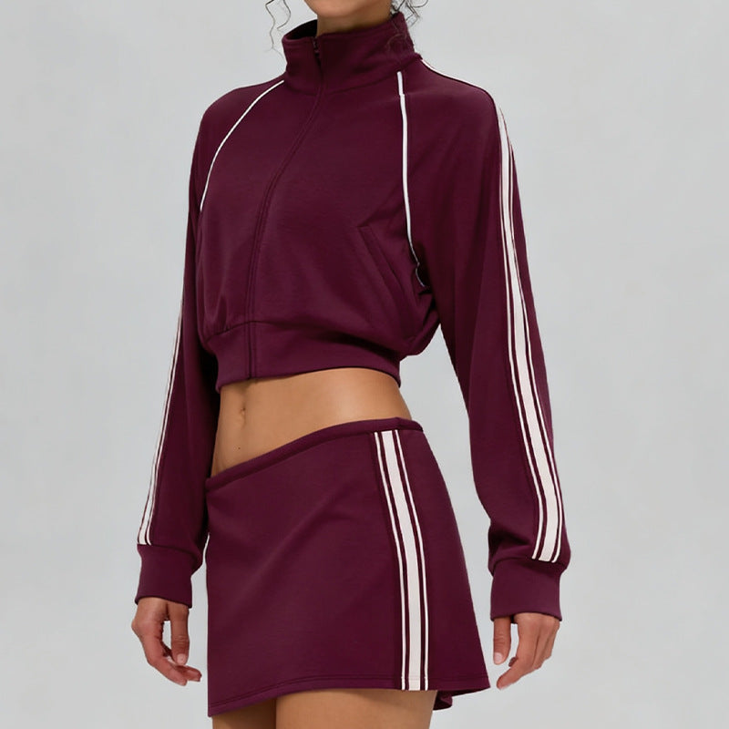 Fall and winternew arrivalmodal air layer sandwiched with white strips breathable stand collar zipper outwear short skirt casual sports suit for women