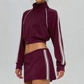 Fall and winternew arrivalmodal air layer sandwiched with white strips breathable stand collar zipper outwear short skirt casual sports suit for women