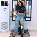 European and american style slit skirt  cross-border women's clothing fashionstylish multi-pocket hole high waist denim skirt