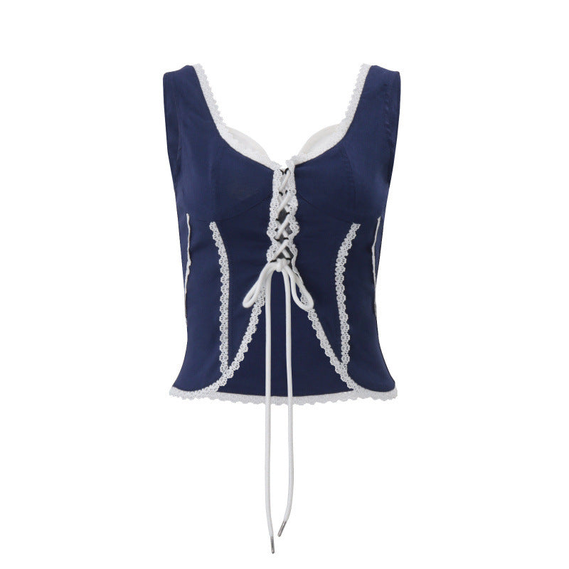 Amazon women's clothing  summer new american hot girl backless lace trim tie-up sleeveless crop top