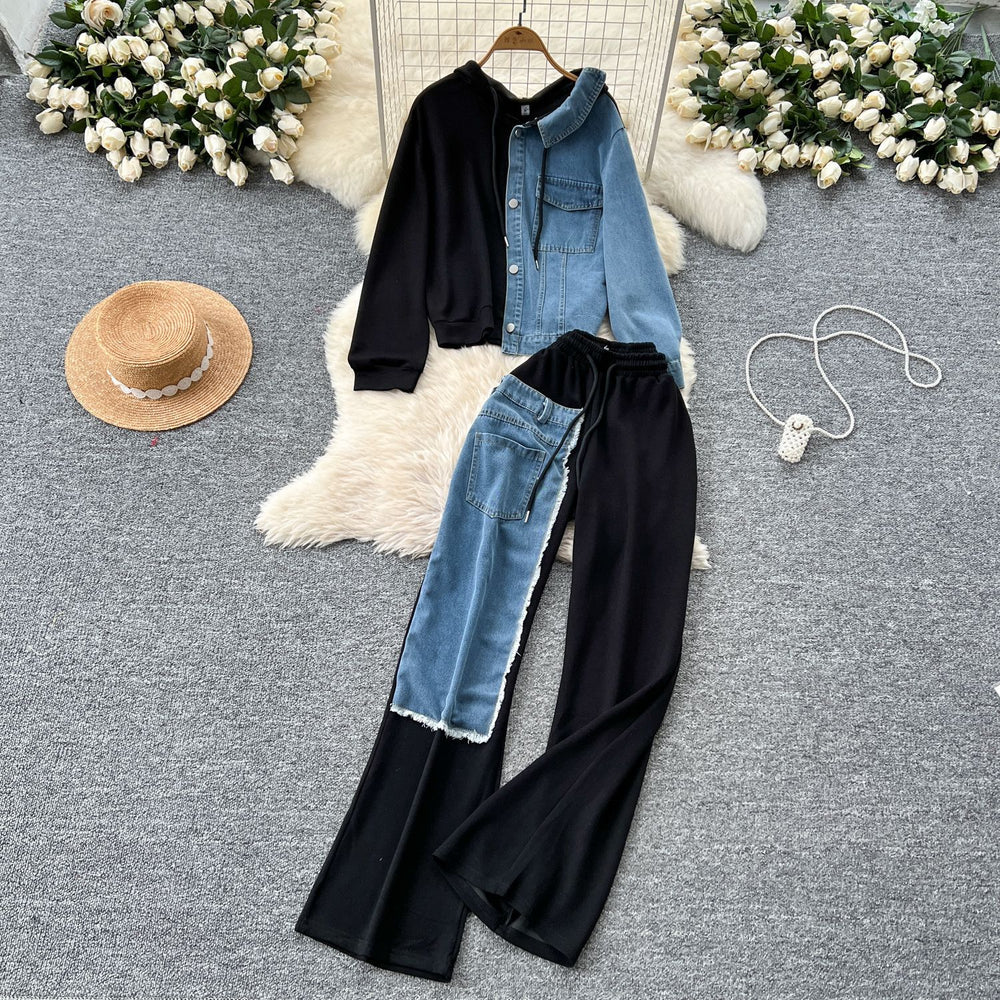 Hong kong style casual set: women's fashionable design, faux two-piece hoodie sweatshirt with high-waisted denim patchwork wide-leg pants