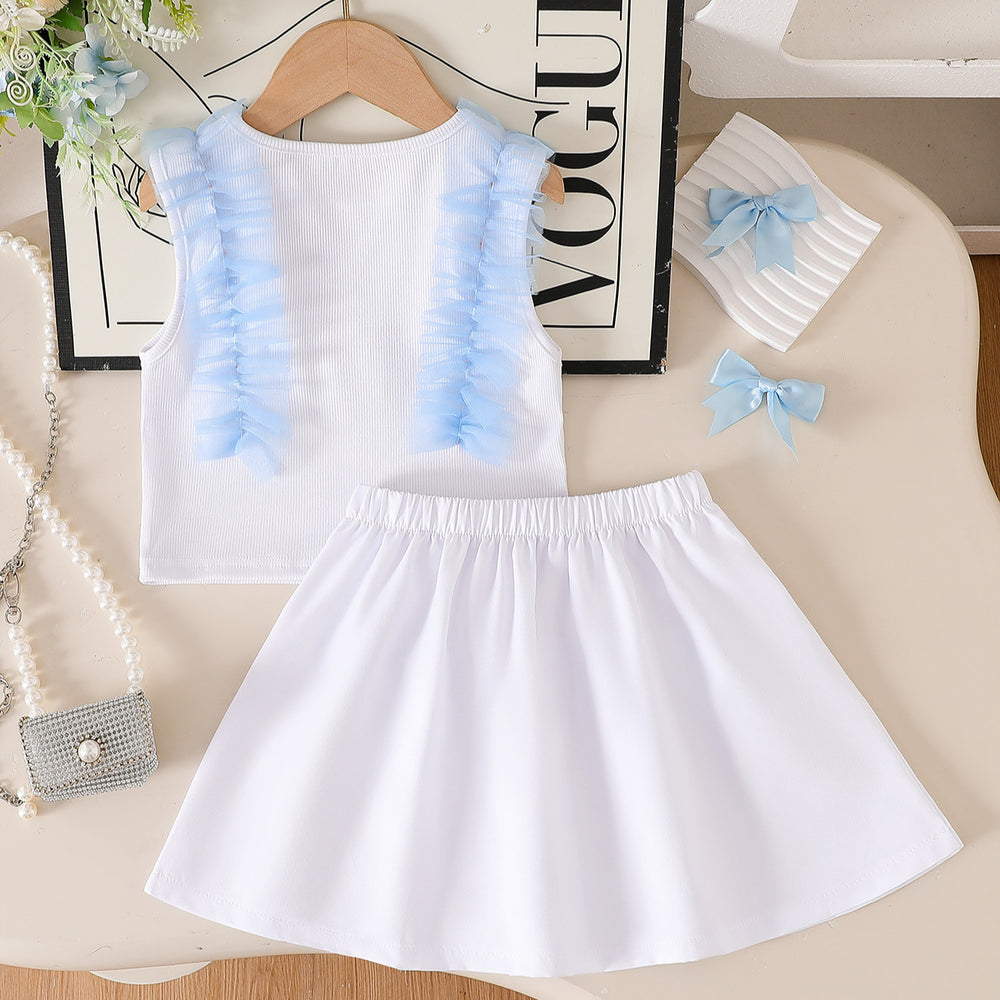 Girls' color block mesh sleeveless tank top and pleated skirt two-piece set - summer kids' 3d bowknot casual outfit