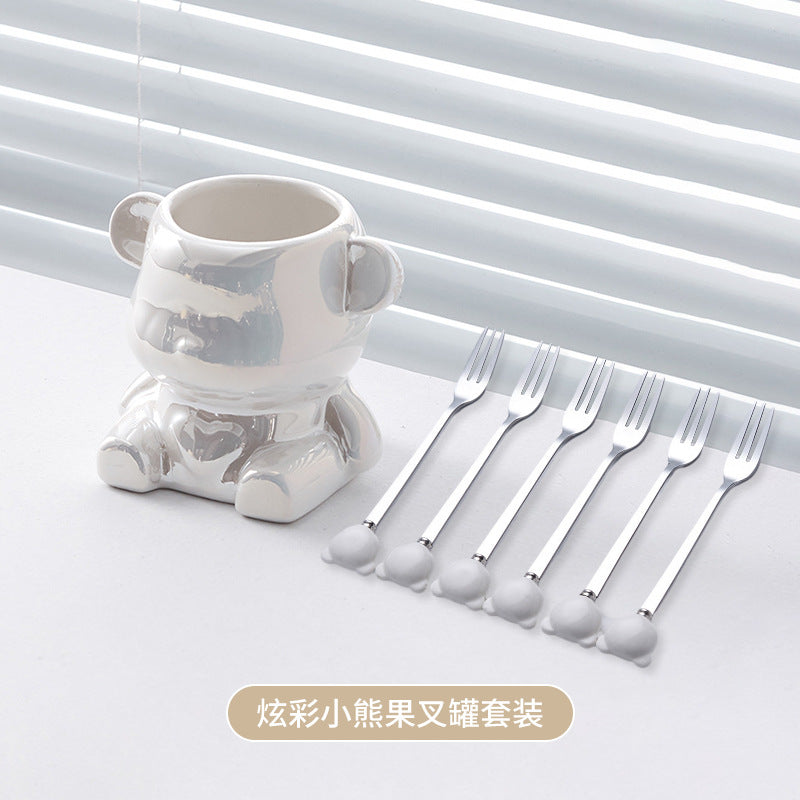 Ceramic bear stainless steel fruit fork set - stylish fruit picks, home use, light luxury forks and spoons, wholesale fruit forks