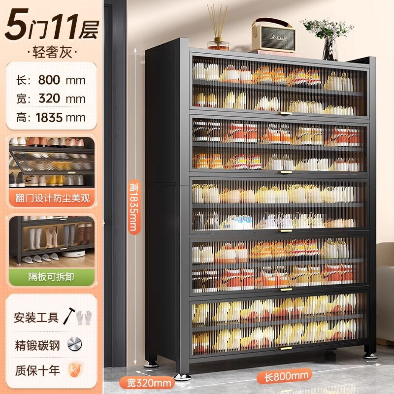 Steel shoe cabinet for home, all-in-one entryway cabinet, multi-layer large capacity storage cabinet, metal dustproof shoe rack