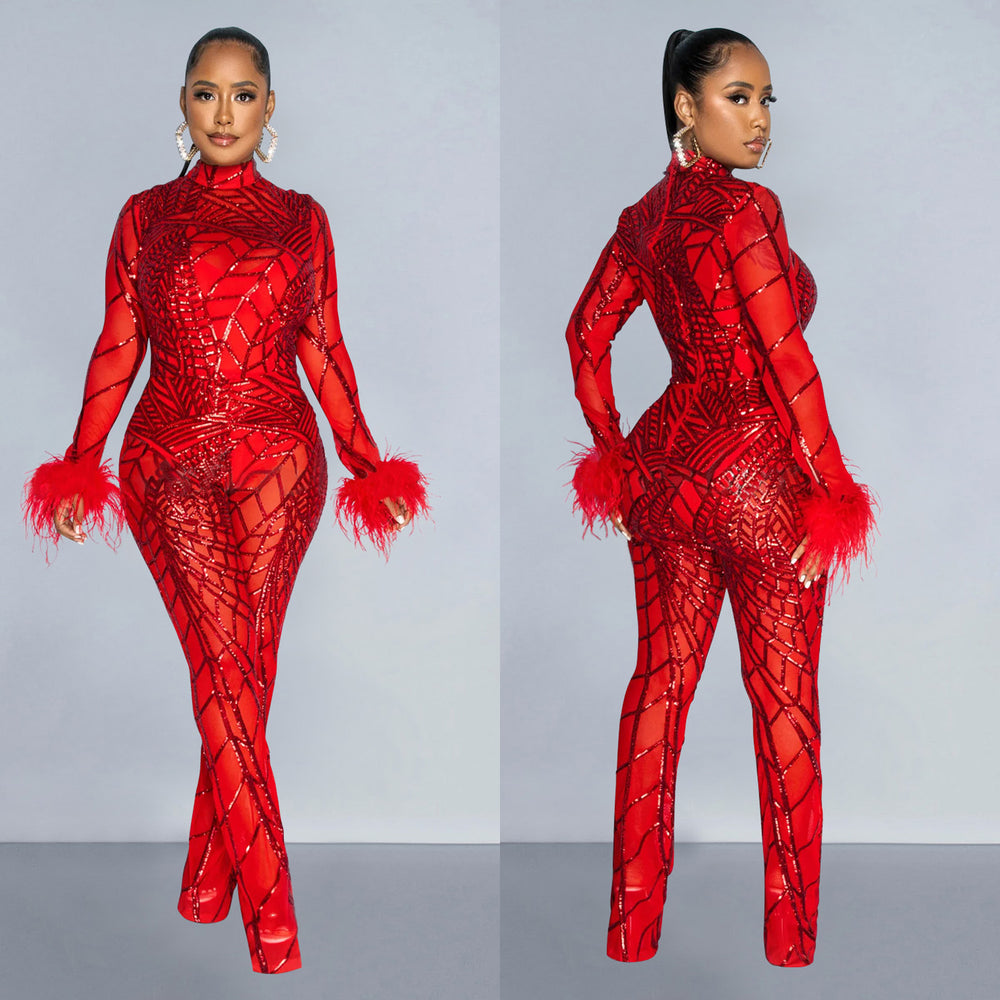 C6808 cross-border   fashion women's solid color mesh feather long sleeve top and pants two-piece set