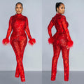 C6808 cross-border   fashion women's solid color mesh feather long sleeve top and pants two-piece set