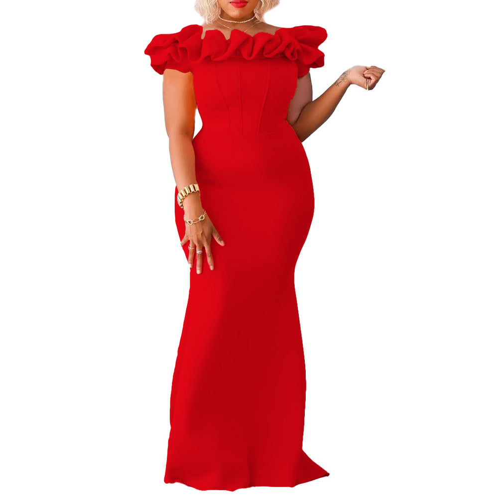 D3192 european and american cross-border women's fashion  new solid color mermaid dress with ruffle trim, slim-fit evening gown, african maxi dress