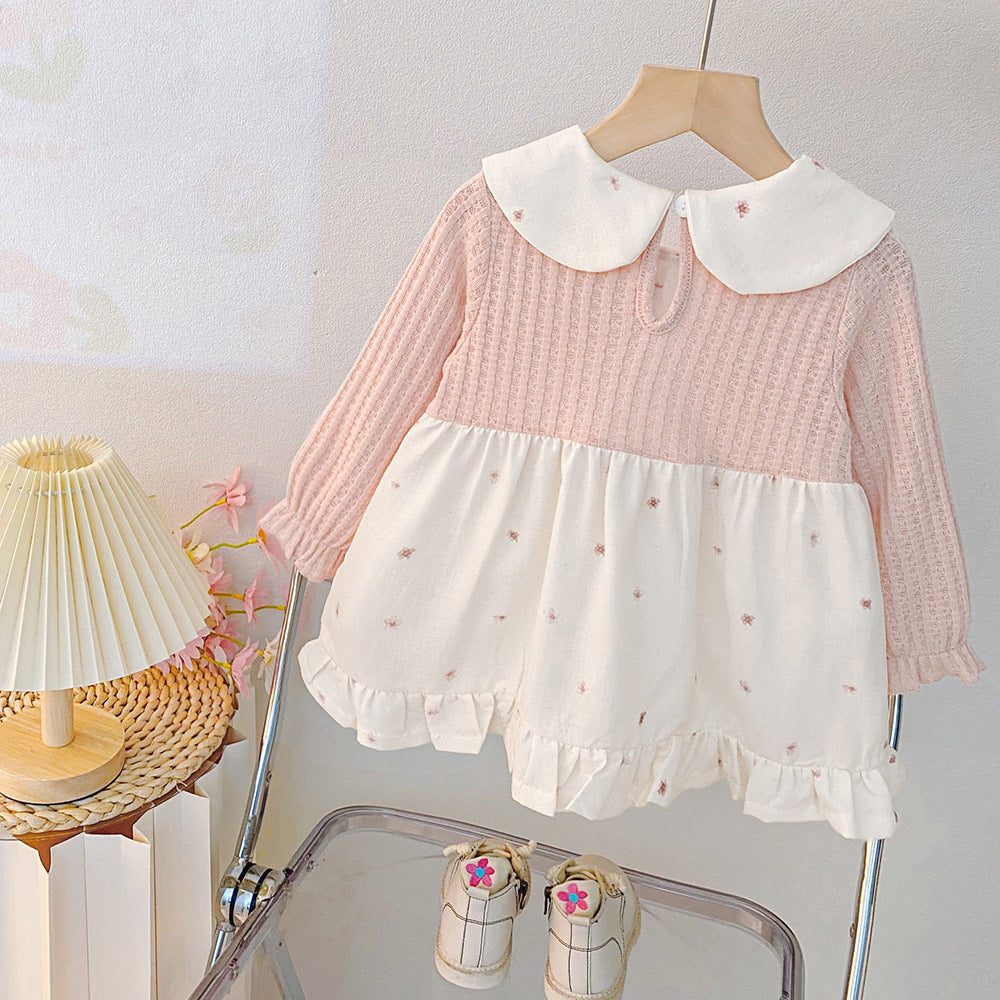 Girls'  dress - korean style round neck, turn-down collar, patchwork bow, floral print dress - toddler & infant skirt - fresh & sweet
