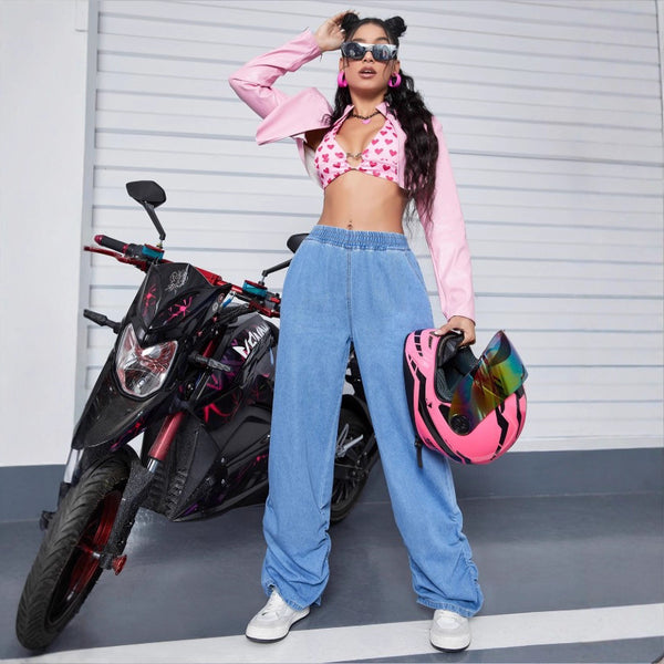 TC70146 European and American   Women's American Personality Denim Loose Casual Pants Pleated Stacking Pants