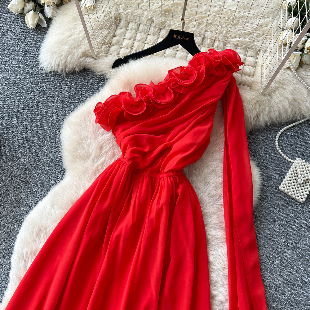 Pure desire red halter dress women's summer slimming look age reduction stereo flower decoration long dress eleganceelegant dress